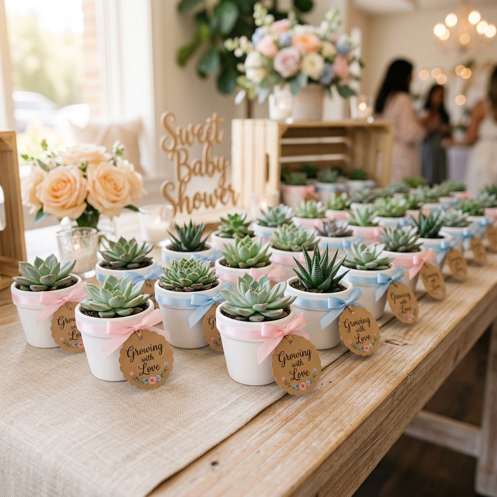 Baby shower succulent favors in white pots with bows