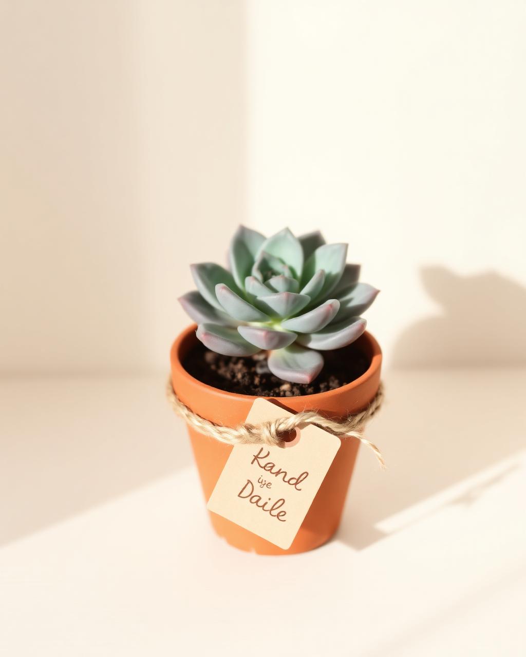 Single succulent in terracotta pot with kraft tag