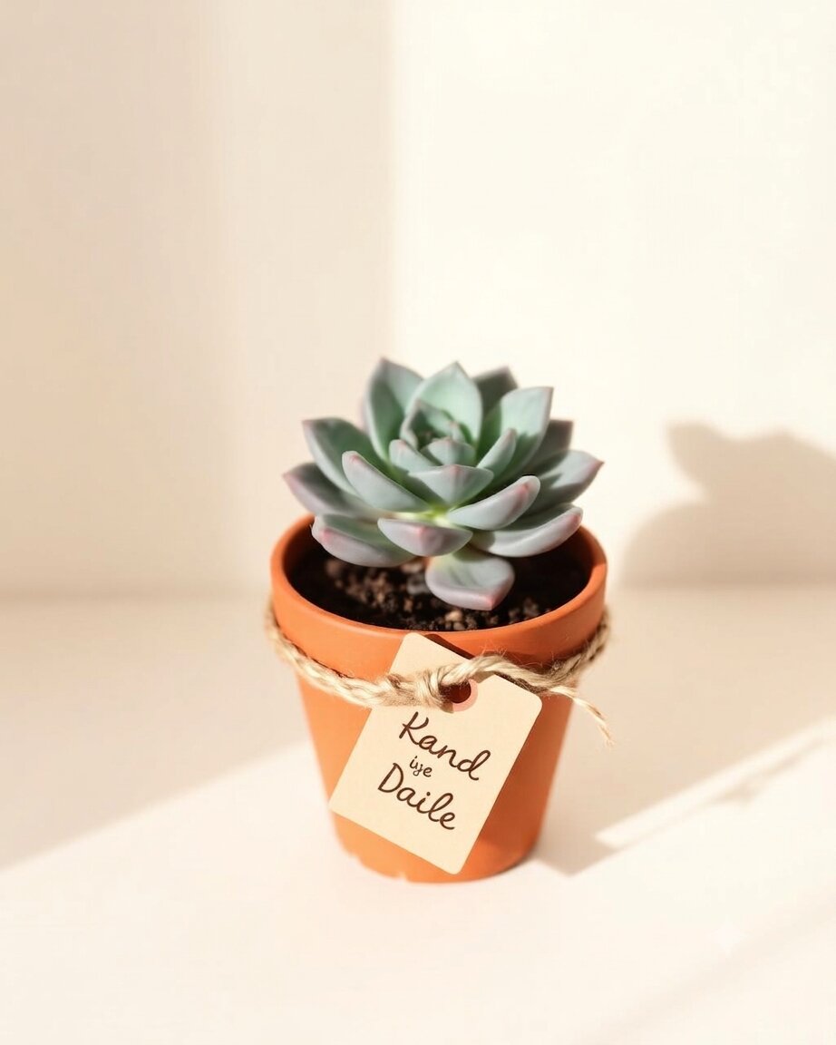 Single succulent in terracotta pot with kraft tag