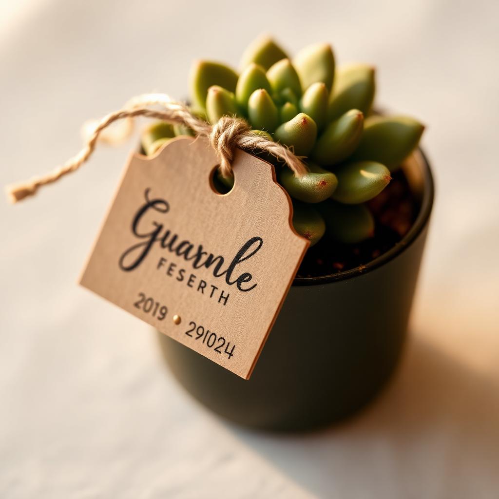 Personalized kraft tag tied to a succulent pot