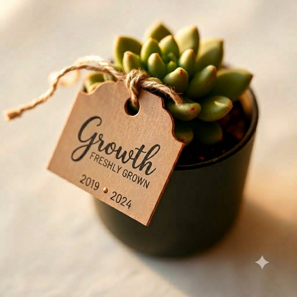 Personalized kraft tag tied to a succulent pot