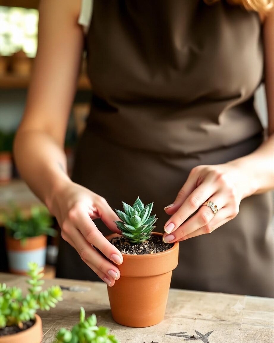 Hands arranging a small succulent in a pot