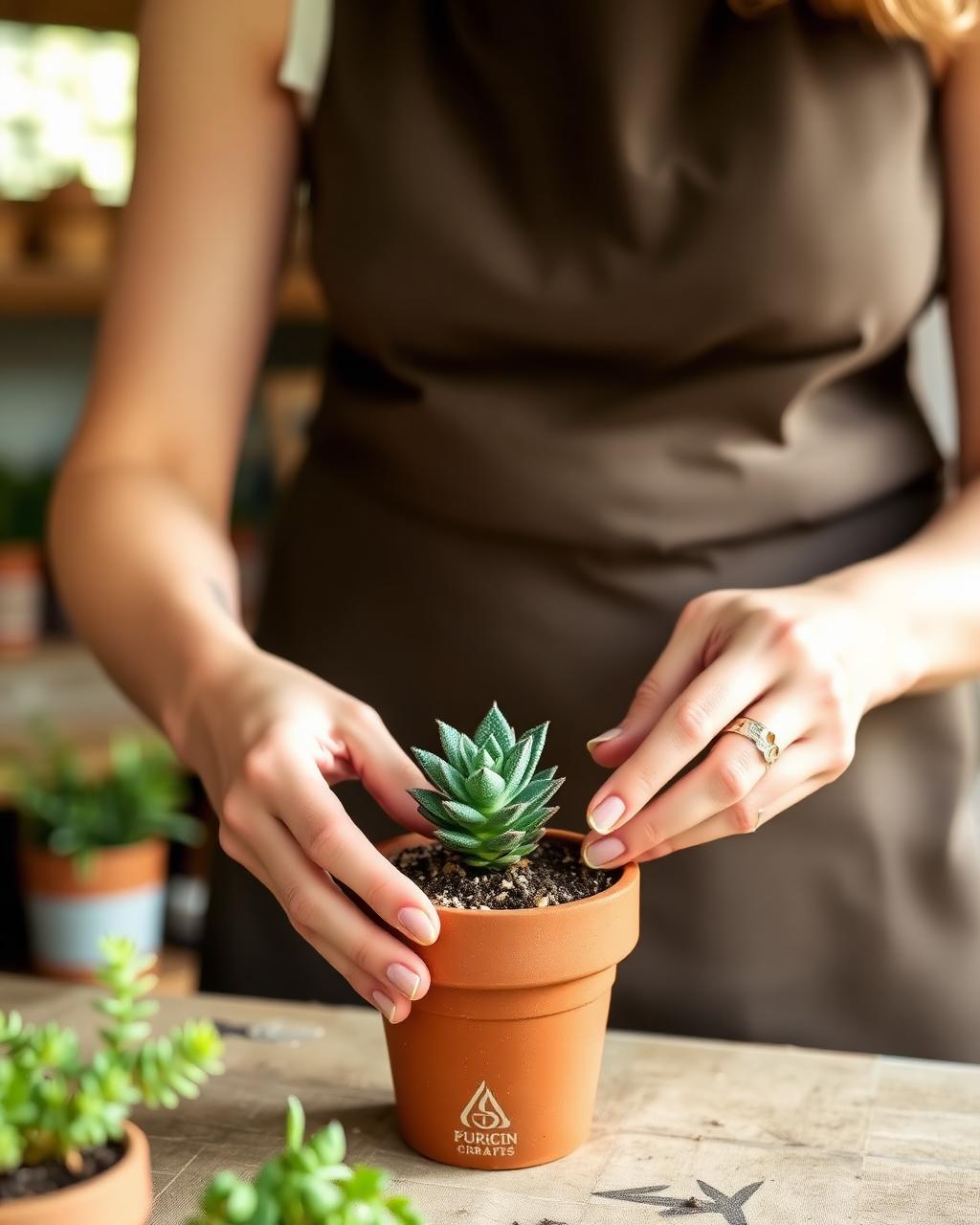 Hands arranging a small succulent in a pot