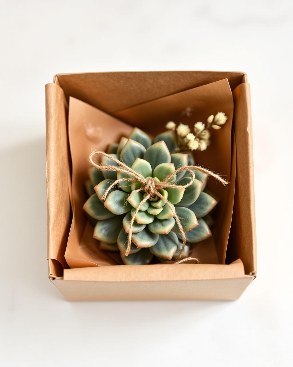 Succulent gift wrapped in kraft paper box