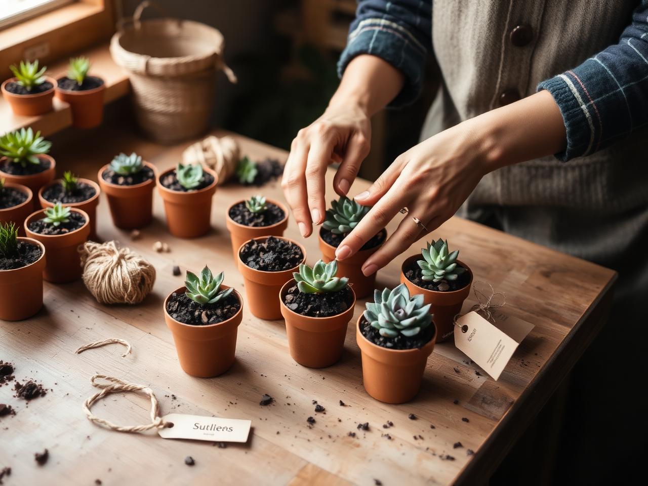 Hands potting succulents in the studio